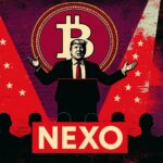 Nexo logo with American and Bulgarian flags in the background, alongside Donald Trump Jr. at an event podium—signifying Nexo’s U.S. relaunch announcement.