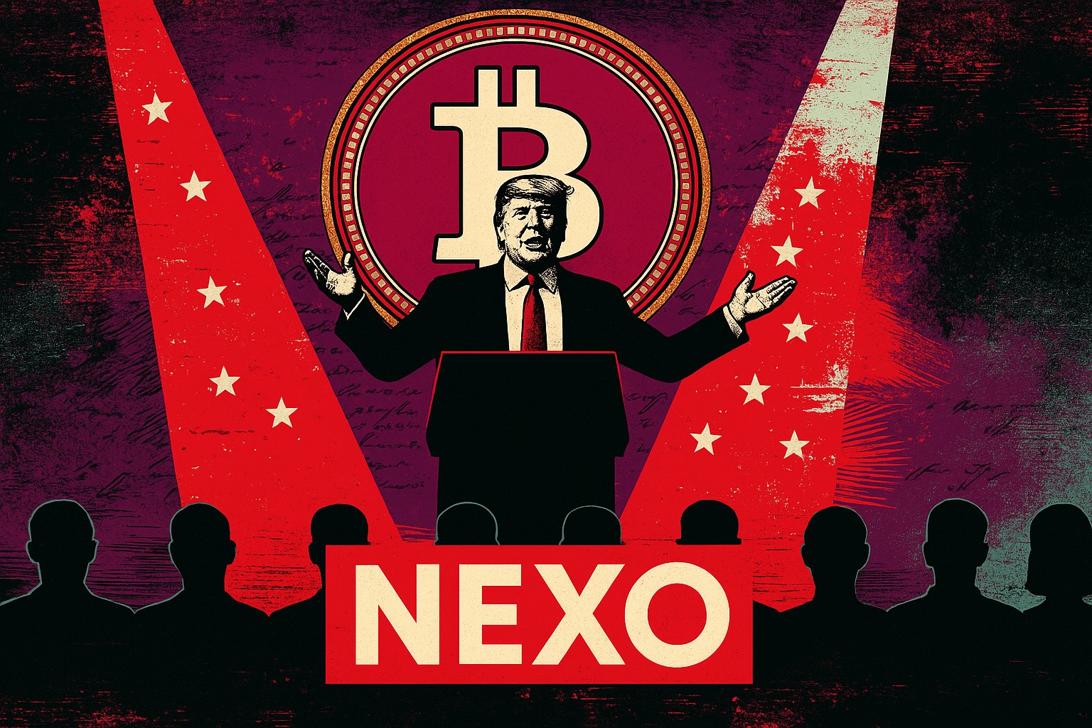 Nexo logo with American and Bulgarian flags in the background, alongside Donald Trump Jr. at an event podium—signifying Nexo’s U.S. relaunch announcement.