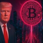 Donald Trump at a podium with Bitcoin and U.S. policy documents in the background, representing speculation that his 100-day speech may signal a shift in crypto regulation.