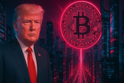 Donald Trump at a podium with Bitcoin and U.S. policy documents in the background, representing speculation that his 100-day speech may signal a shift in crypto regulation.