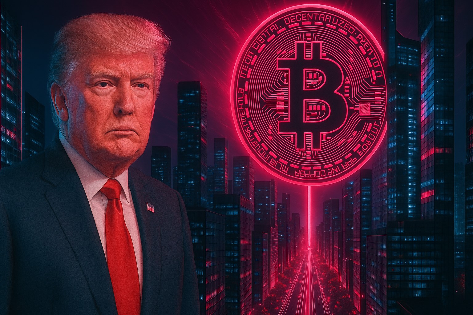 Donald Trump at a podium with Bitcoin and U.S. policy documents in the background, representing speculation that his 100-day speech may signal a shift in crypto regulation.