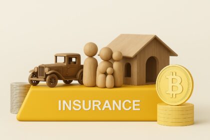 Bitcoin symbol under a protective shield labeled "Insurance," surrounded by institutional buildings and charts, representing growing demand for risk management in institutional crypto adoption.