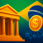 Digital coin symbol emerging from a bank structure, representing traditional banking integrating with blockchain technology.