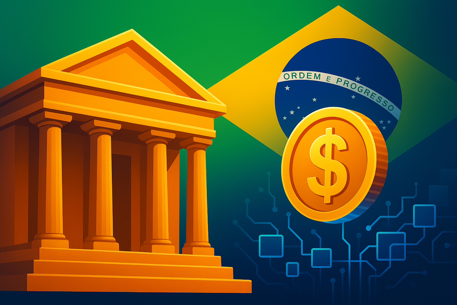 Digital coin symbol emerging from a bank structure, representing traditional banking integrating with blockchain technology.