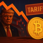 A digital illustration showing Donald Trump in front of the U.S. flag, a sharp red arrow crashing down beside a glowing Bitcoin coin, with a bold "TARIFFS" sign, symbolizing the impact of trade policies on cryptocurrency markets.