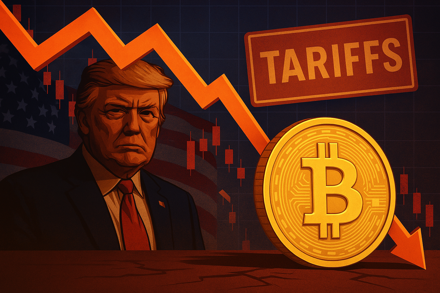 A digital illustration showing Donald Trump in front of the U.S. flag, a sharp red arrow crashing down beside a glowing Bitcoin coin, with a bold "TARIFFS" sign, symbolizing the impact of trade policies on cryptocurrency markets.