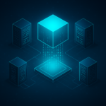 A futuristic digital illustration showing a glowing blue cube transmitting binary code to a circular platform, surrounded by four server towers connected through neon blue lines, symbolizing decentralized infrastructure and data flow in DePIN networks.