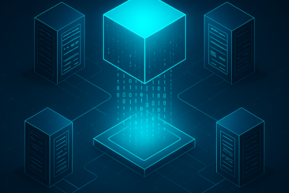 A futuristic digital illustration showing a glowing blue cube transmitting binary code to a circular platform, surrounded by four server towers connected through neon blue lines, symbolizing decentralized infrastructure and data flow in DePIN networks.