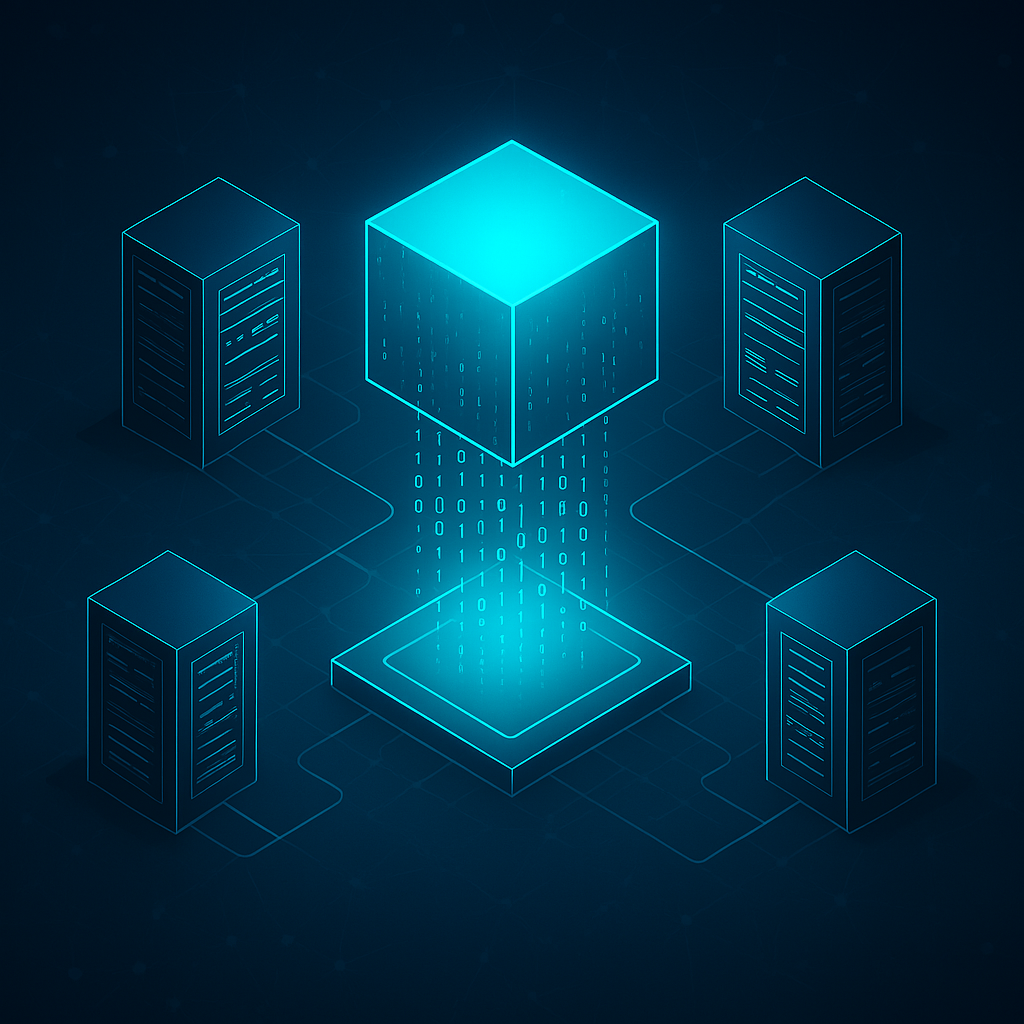 A futuristic digital illustration showing a glowing blue cube transmitting binary code to a circular platform, surrounded by four server towers connected through neon blue lines, symbolizing decentralized infrastructure and data flow in DePIN networks.