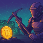 A futuristic armored character mining cryptocurrency with a pickaxe, next to glowing crypto mining rigs and a golden Bitcoin coin, set against a blockchain-themed purple and teal digital background.