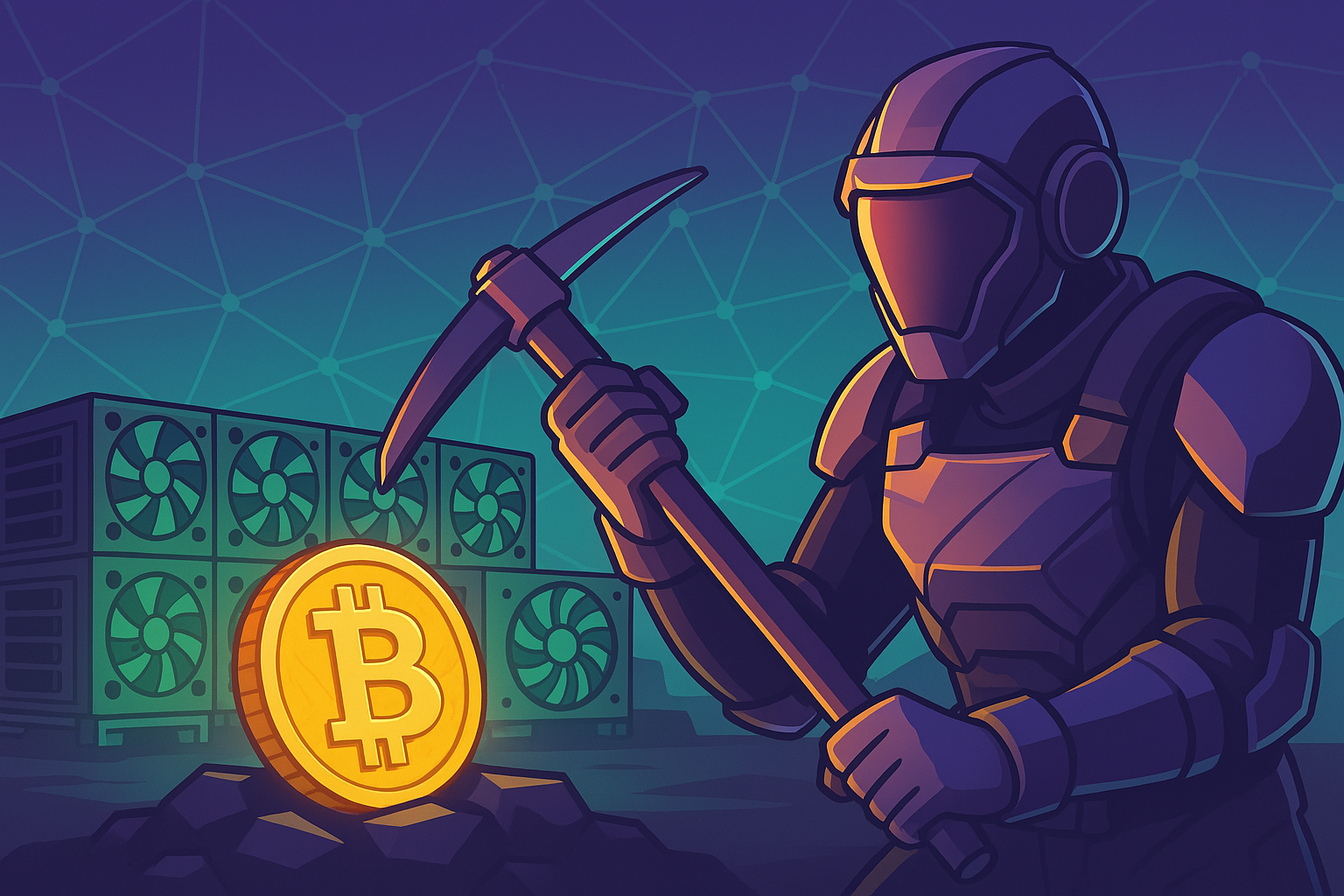 A futuristic armored character mining cryptocurrency with a pickaxe, next to glowing crypto mining rigs and a golden Bitcoin coin, set against a blockchain-themed purple and teal digital background.