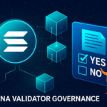 Digital banner showing Solana logo with connected validator nodes and a governance voting interface, symbolizing network expansion and protocol participation.