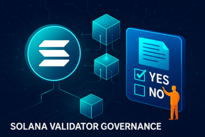 Digital banner showing Solana logo with connected validator nodes and a governance voting interface, symbolizing network expansion and protocol participation.