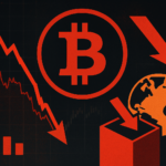 Dark-themed digital illustration showing a red Bitcoin symbol, declining financial charts, and global market stress, symbolizing economic panic and sell-off.