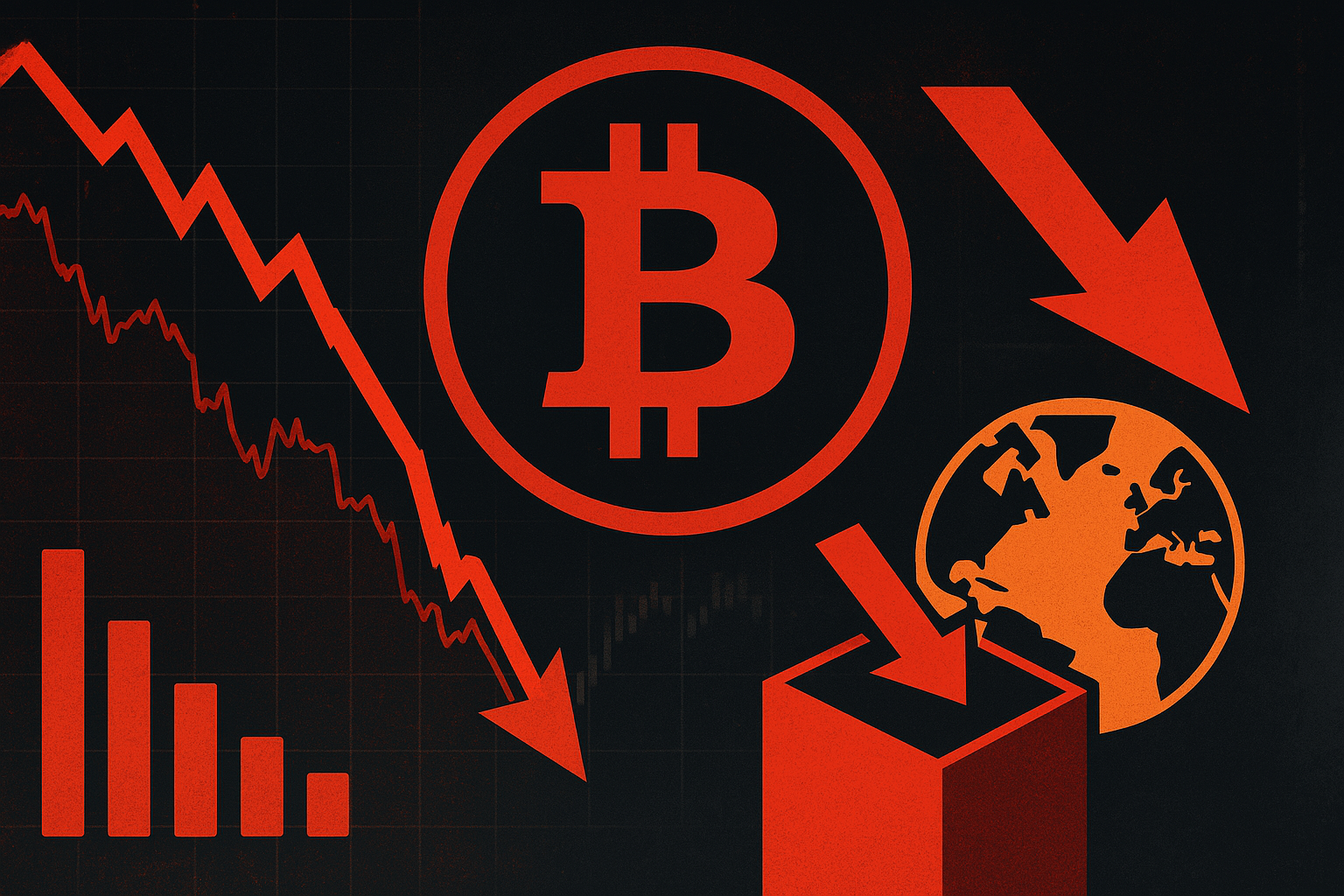 Dark-themed digital illustration showing a red Bitcoin symbol, declining financial charts, and global market stress, symbolizing economic panic and sell-off.