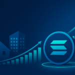 Digital illustration showing Janover's transition from real estate to cryptocurrency, featuring a rising bar chart, Solana coin, and minimal real estate elements on a futuristic blue background.