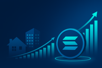 Digital illustration showing Janover's transition from real estate to cryptocurrency, featuring a rising bar chart, Solana coin, and minimal real estate elements on a futuristic blue background.