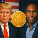 A digital illustration featuring Donald Trump on the left with the American flag in the background, Arthur Hayes on the right surrounded by financial charts, and a glowing Bitcoin symbol in the center, symbolizing the intersection of politics, tariffs, and cryptocurrency.