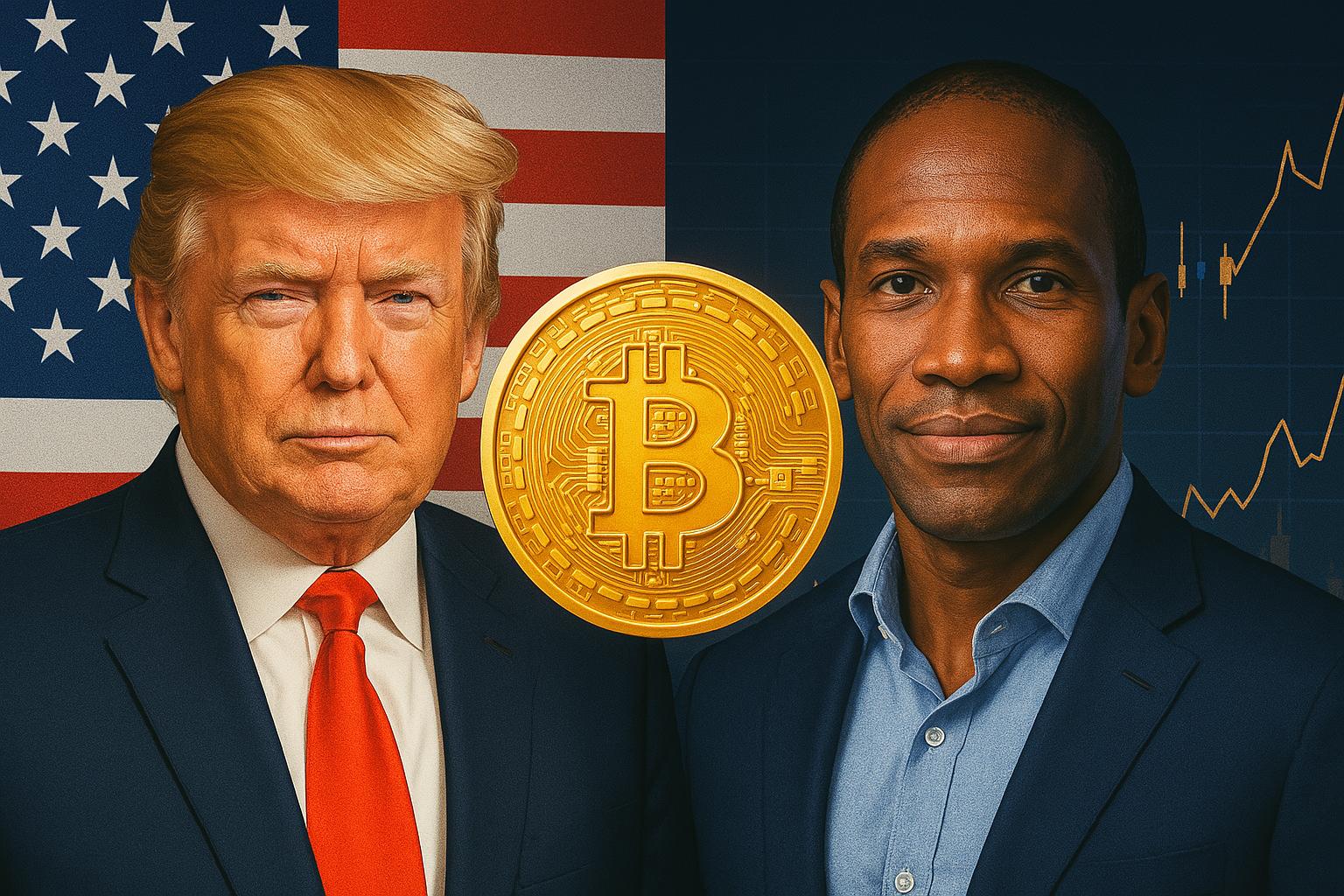 A digital illustration featuring Donald Trump on the left with the American flag in the background, Arthur Hayes on the right surrounded by financial charts, and a glowing Bitcoin symbol in the center, symbolizing the intersection of politics, tariffs, and cryptocurrency.