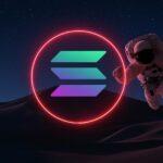 Astronaut floating in space near glowing Solana logo above sand dunes under a starry sky