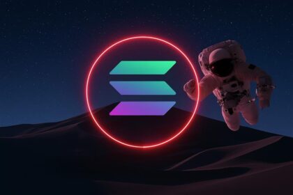 Astronaut floating in space near glowing Solana logo above sand dunes under a starry sky
