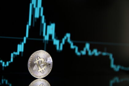 A physical Bitcoin coin in the foreground with a glowing digital price chart in the background, representing market momentum and trading activity related to a potential breakout.