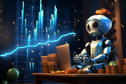 Chatbot analyzing stock market data with futuristic AI interface and graphs, symbolizing AI-driven crypto trading.