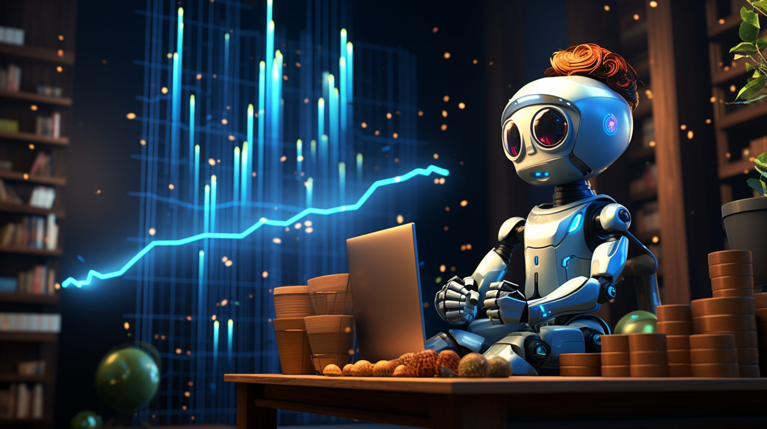 Chatbot analyzing stock market data with futuristic AI interface and graphs, symbolizing AI-driven crypto trading.