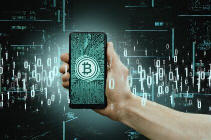 Hand holding smartphone with digital interface and blockchain icons, representing NFT and crypto services.