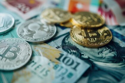 Various global fiat currencies alongside Bitcoin, symbolizing rising cryptocurrency adoption amid geopolitical and economic uncertainty.