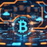 Abstract digital background showing Bitcoin symbol and data streams, representing Cango's shift from traditional operations to Bitcoin mining.