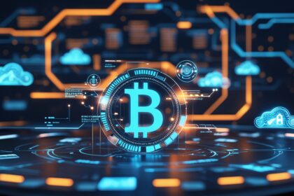 Abstract digital background showing Bitcoin symbol and data streams, representing Cango's shift from traditional operations to Bitcoin mining.