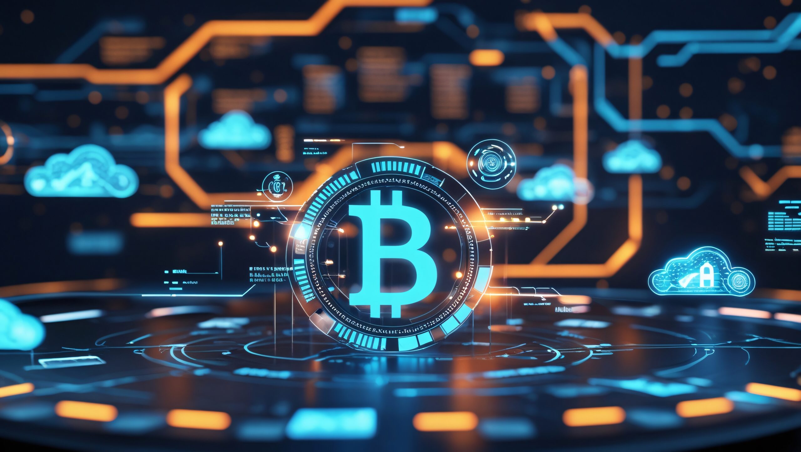 Abstract digital background showing Bitcoin symbol and data streams, representing Cango's shift from traditional operations to Bitcoin mining.