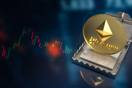 A 3D-rendered Ethereum coin placed in a mechanical trap, symbolizing market volatility and price pressure during a bearish phase in the cryptocurrency market.