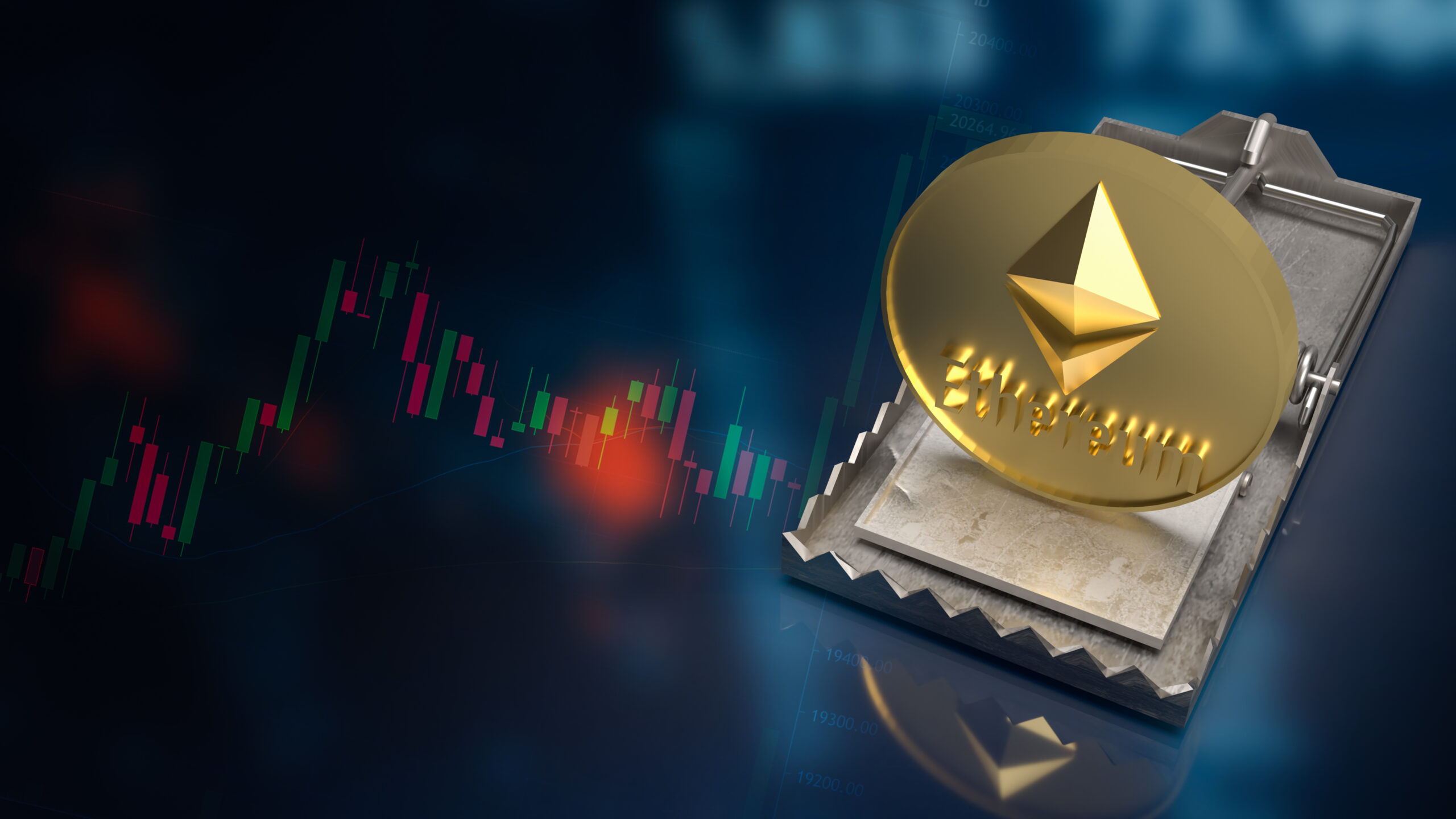 A 3D-rendered Ethereum coin placed in a mechanical trap, symbolizing market volatility and price pressure during a bearish phase in the cryptocurrency market.