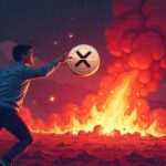 A figure running through flames with a red crypto market chart in the background, symbolizing XRP panic selling.