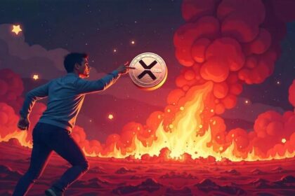 A figure running through flames with a red crypto market chart in the background, symbolizing XRP panic selling.