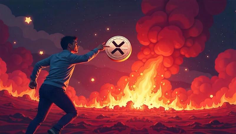 A figure running through flames with a red crypto market chart in the background, symbolizing XRP panic selling.