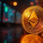 A golden Ethereum coin placed in focus with market candles in the background, symbolizing the rise in ETH price after ETF options approval.