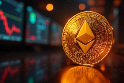 A golden Ethereum coin placed in focus with market candles in the background, symbolizing the rise in ETH price after ETF options approval.