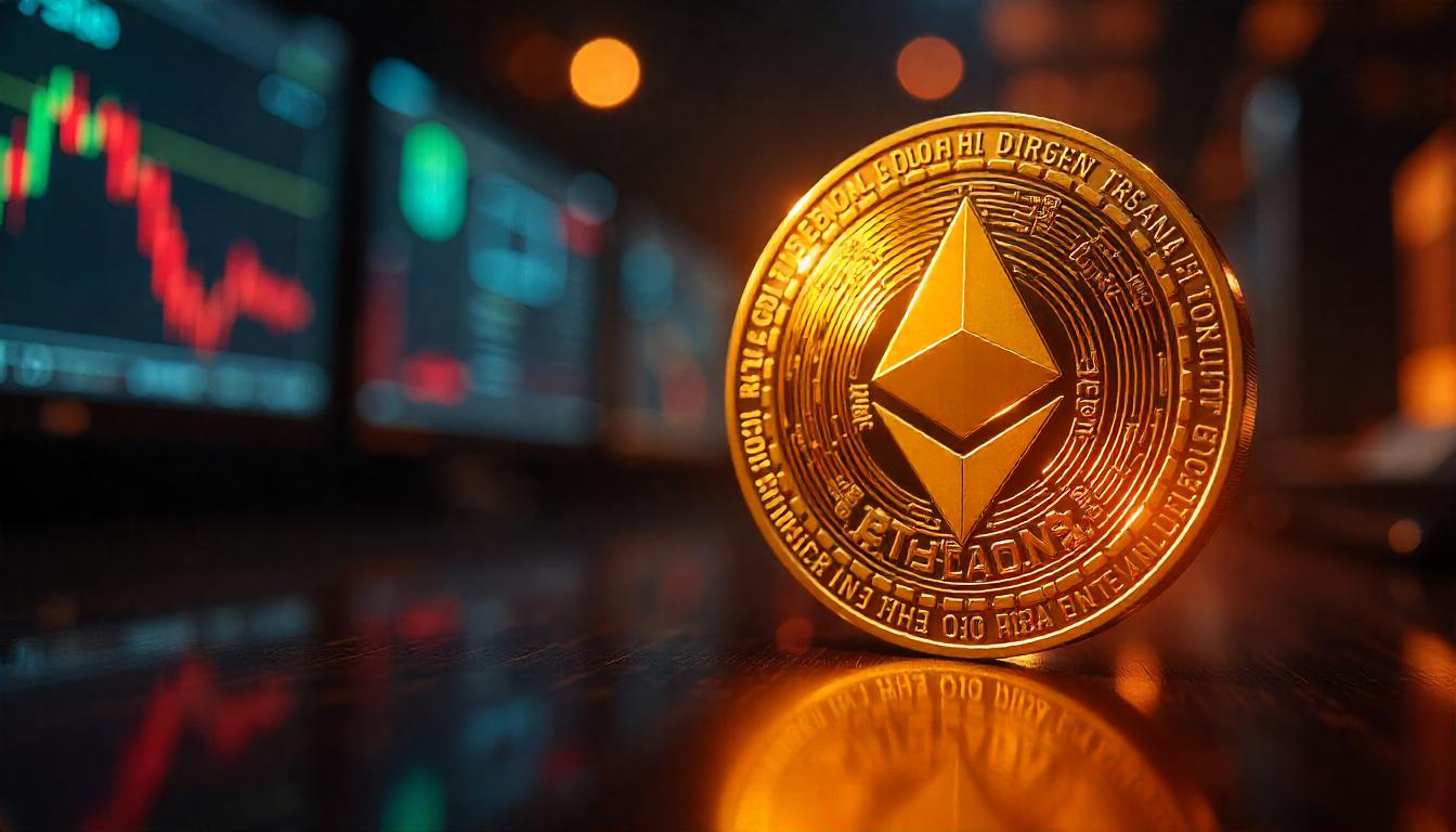 A golden Ethereum coin placed in focus with market candles in the background, symbolizing the rise in ETH price after ETF options approval.
