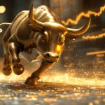 Charging bull silhouetted over rising crypto charts, with the Best Wallet logo leading the way, symbolizing a market revival and trading advantage.