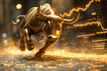 Charging bull silhouetted over rising crypto charts, with the Best Wallet logo leading the way, symbolizing a market revival and trading advantage.