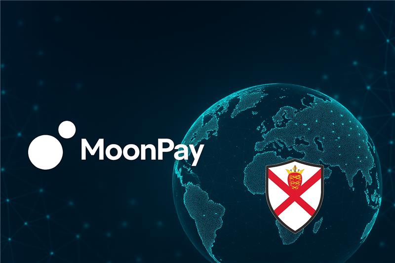 MoonPay logo with Jersey flag and global network background, symbolizing international crypto compliance expansion.