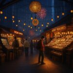 A glowing, stylized crypto marketplace with warm lighting and digital assets on display, symbolizing the evolution of NFT platforms like Magic Eden.