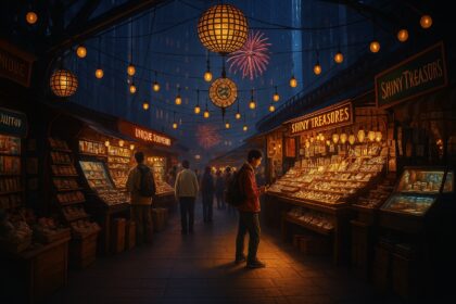 A glowing, stylized crypto marketplace with warm lighting and digital assets on display, symbolizing the evolution of NFT platforms like Magic Eden.