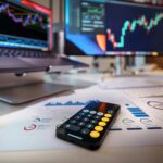 Smartphone displaying cryptocurrency data on screen in front of computer monitors with crypto market charts.