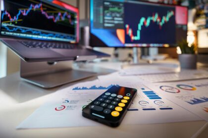 Smartphone displaying cryptocurrency data on screen in front of computer monitors with crypto market charts.