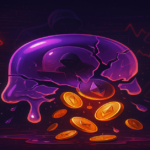 Digital illustration of a hacked DeFi protocol with warning icons and cryptocurrency spilling from a broken vault.