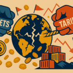 Illustration of a global economic struggle represented by two fists labeled "Markets" and "Tariffs" pulling a rope through a cracked Earth, surrounded by coins, flags, shipping containers, and downward financial graphs.